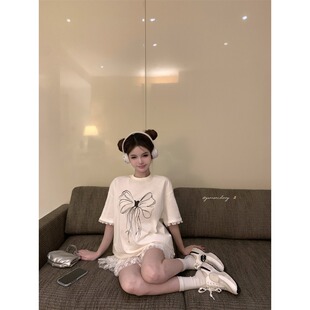 美式蝴蝶结T恤女夏季宽松设计感印花圆领短袖白色百搭上衣蕾丝