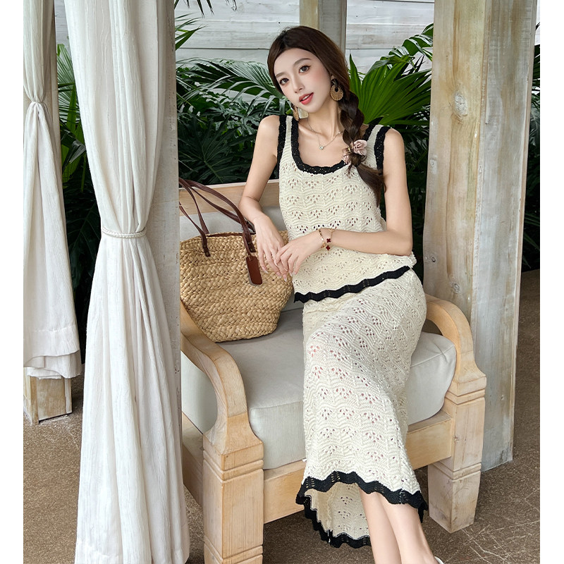 两件套短裤夏季新款女吊带百搭镂空针织背心长款半身裙小个子套装