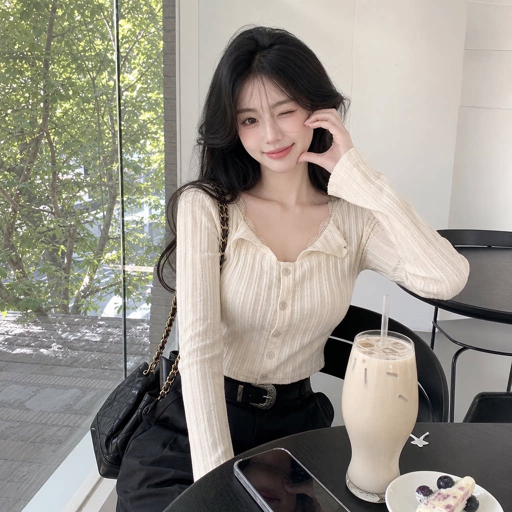 日系甜美蕾丝坑条修身短款开衫