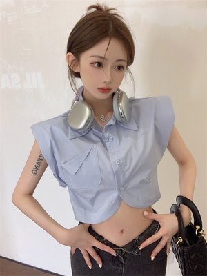 2024夏季新款女装高级感衬衣小飞袖短款垫肩设计小众衬衫无袖上衣