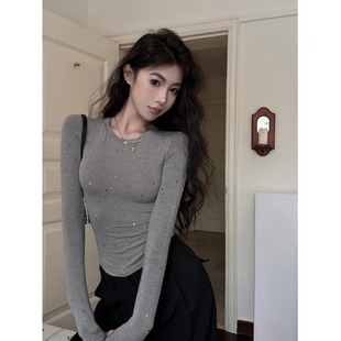 复古小众设计感烫钻长袖T恤春秋冬修身显瘦辣妹独特圆领百搭上衣