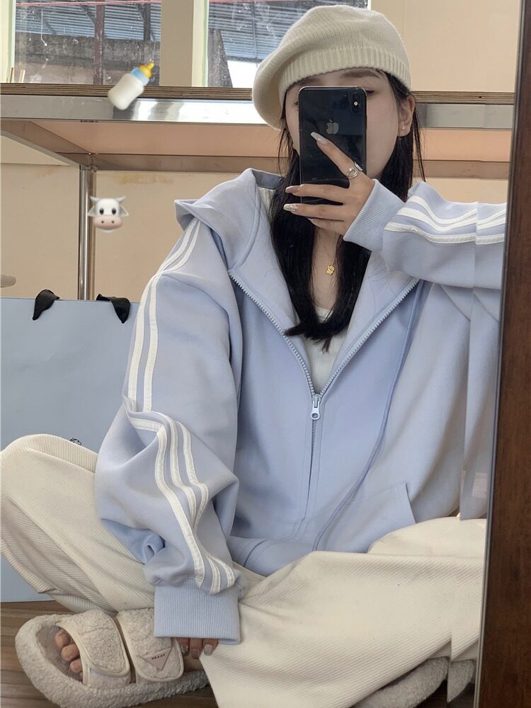蓝色oversize开衫卫衣女春秋2026新款韩版正肩设计宽松慵懒上衣潮