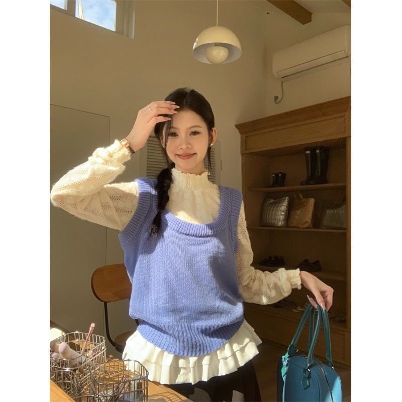 奶蓝色日系甜美软糯毛衣马甲秋冬奶系学院风少女感外搭针织衫背心