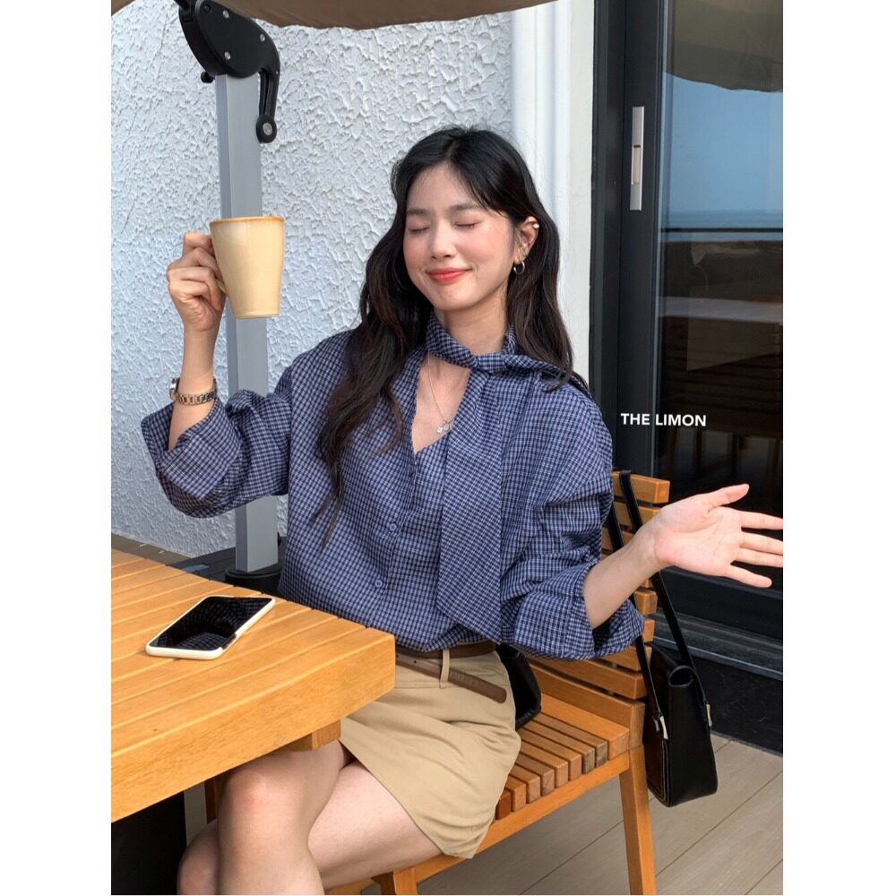 蓝格宽松领结系带长袖衬衫女
