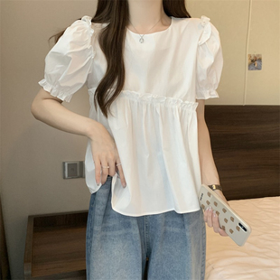 法式木耳边泡泡袖衬衫女夏季小个子短款娃娃衫衬衣设计感小众上衣