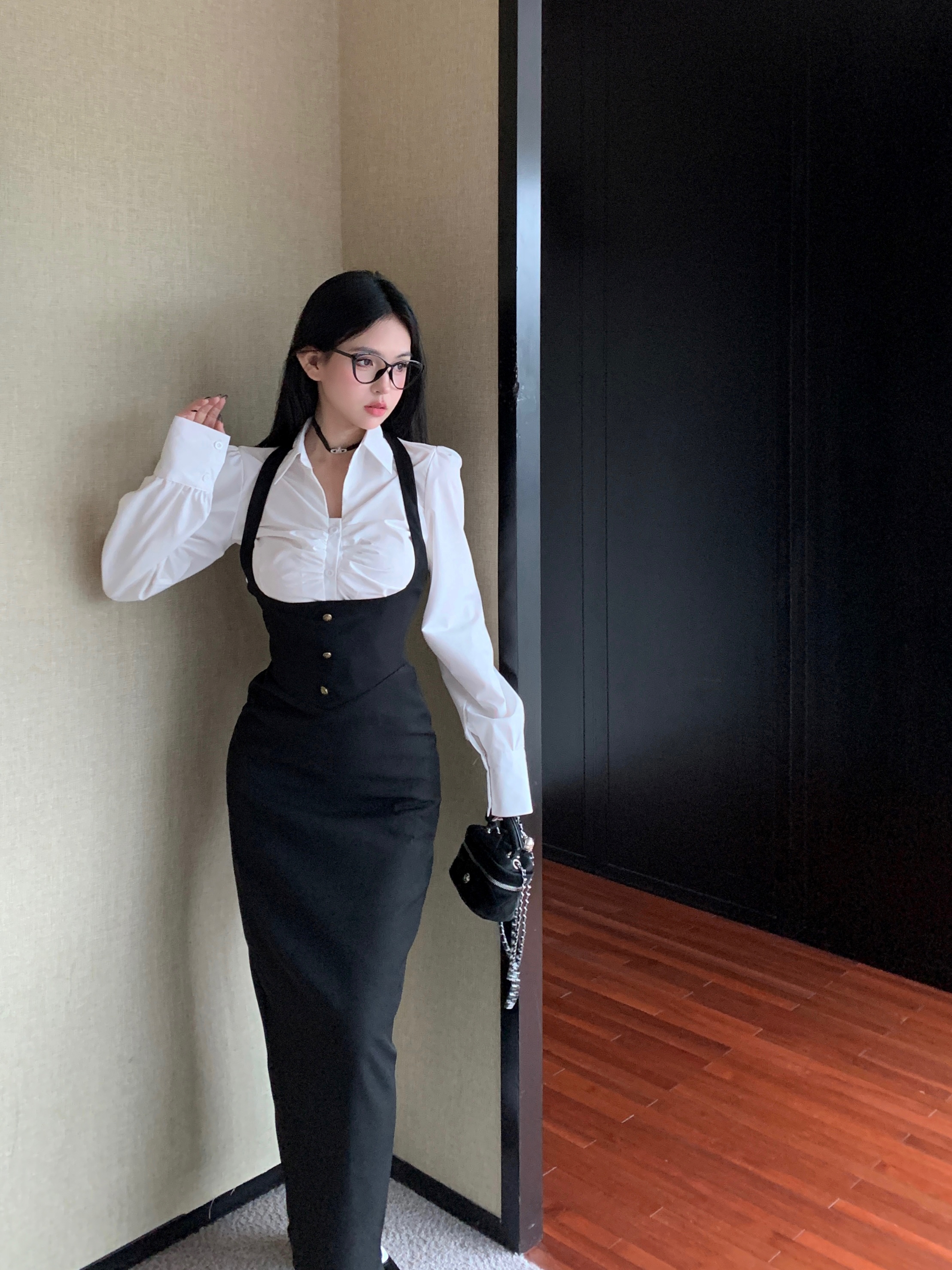 富家千金学院风套装女秋季长袖白衬衫背带连衣裙长裙甜辣风两件套