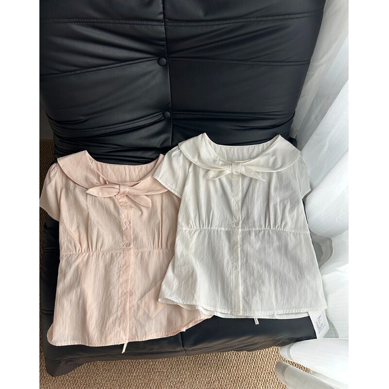 温柔风甜美纯棉白色蝴蝶结短袖衬衫女夏季小个子短款衬衣收腰上衣