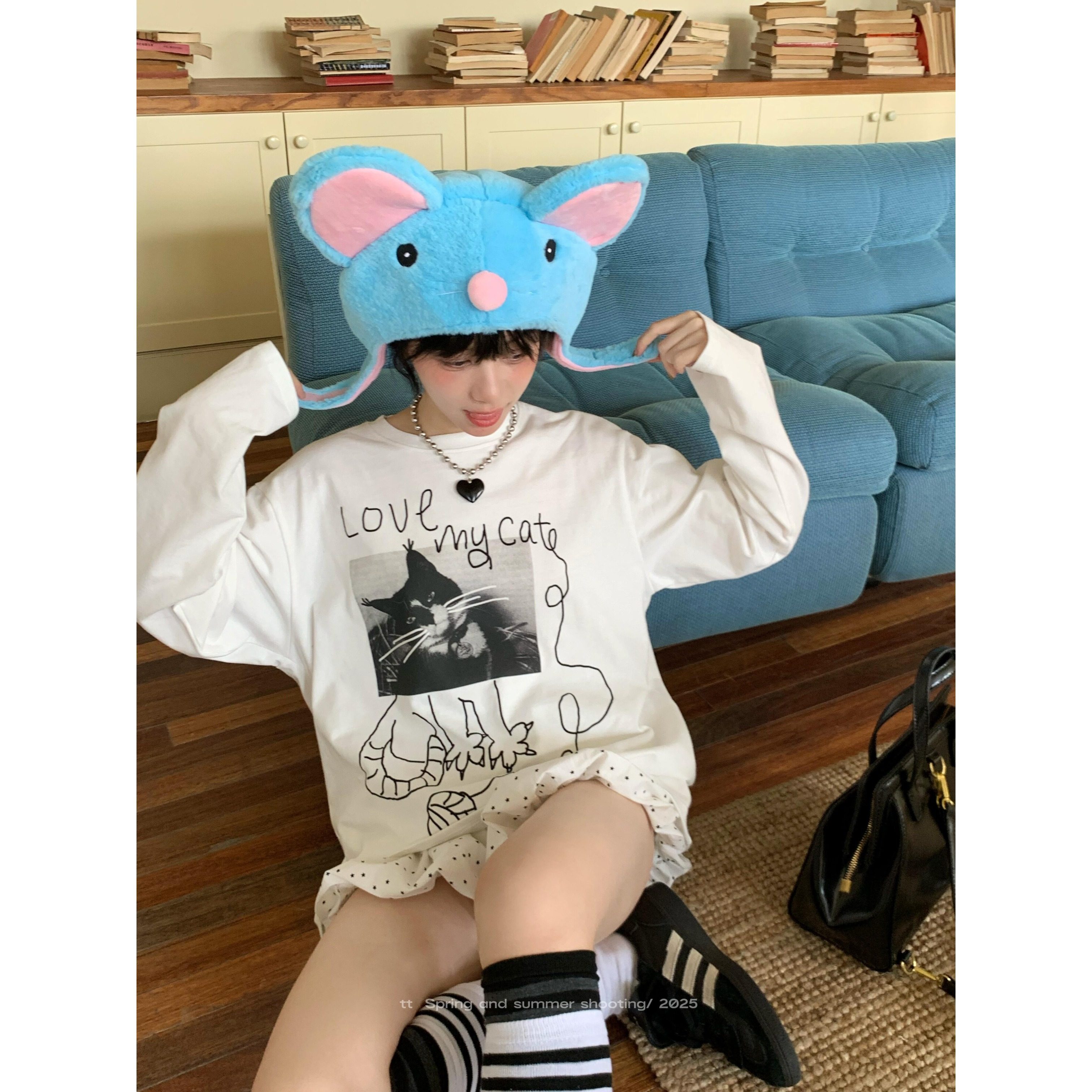 春秋款白色长袖t恤男女薄款猫咪印花圆领新款百搭外穿打底上衣ins,女装/女士精品,T恤,淘宝优惠券,粉丝福利购,淘宝优惠卷