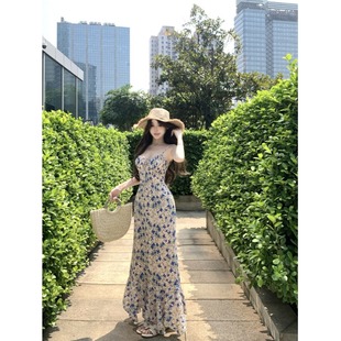 海边度假露背修身 三亚穿搭蓝色蝴蝶碎花吊带连衣裙女夏季 包臀长裙