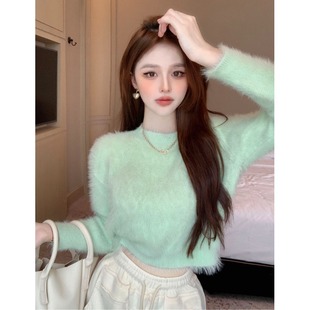 温柔纯色仿貂毛毛衣女秋冬2024新款慵懒风宽松短款针织百搭上衣潮