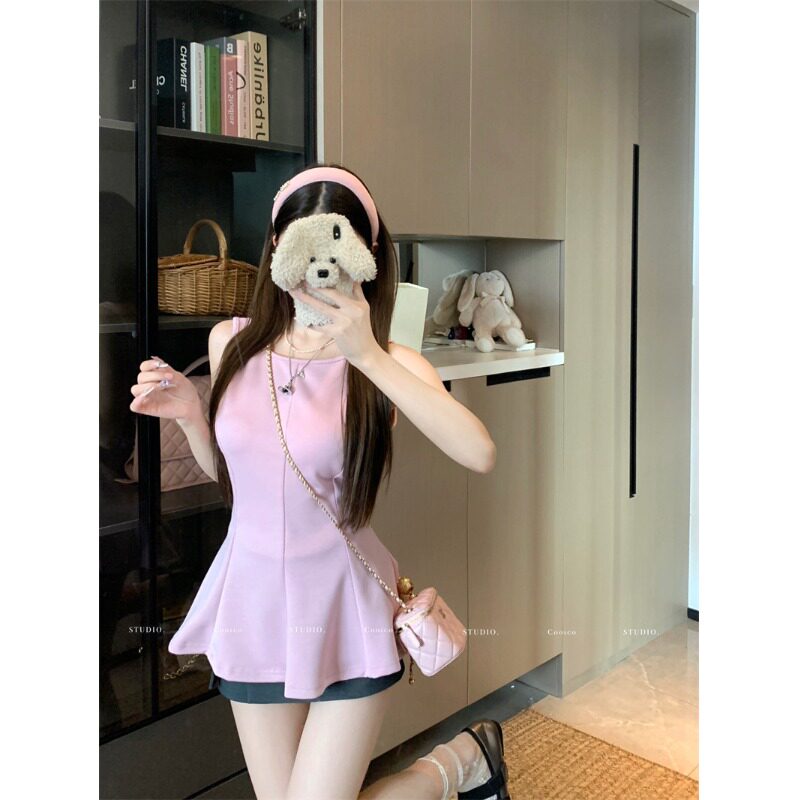 纯欲风露背无袖小吊带背心女装夏季新款修身百搭粉色气质洋气上衣