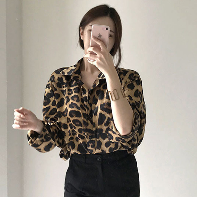 韩版chic秋季复古豹纹印花翻领单排扣宽松休闲百搭长袖衬衫上衣女