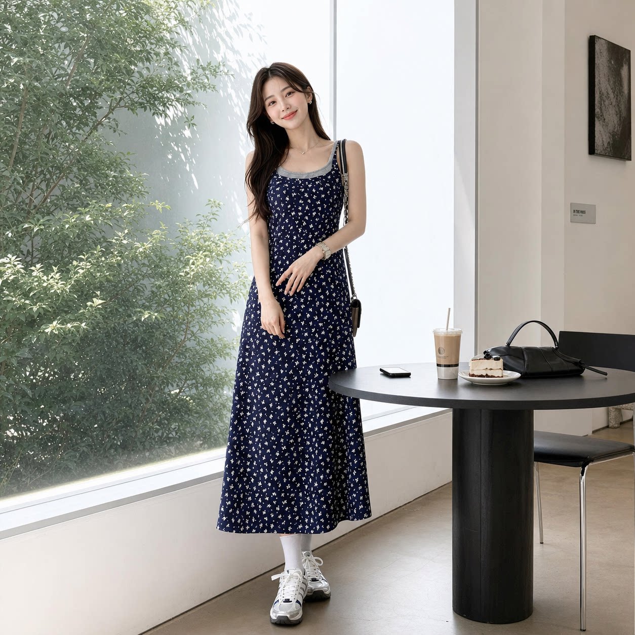 藏青底小白花显瘦吊带裙两件套
