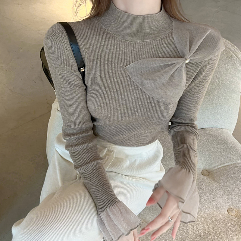 2025秋季新款洋气设计感蝴蝶结针织衫女打底衫内搭荷叶边长袖上衣