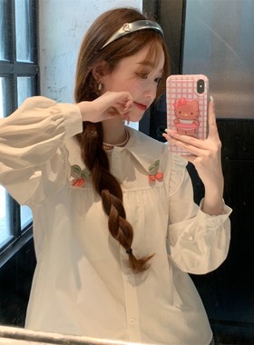 2024法式甜美少女娃娃领设计感樱桃长袖衬衫女早秋新品百搭上衣