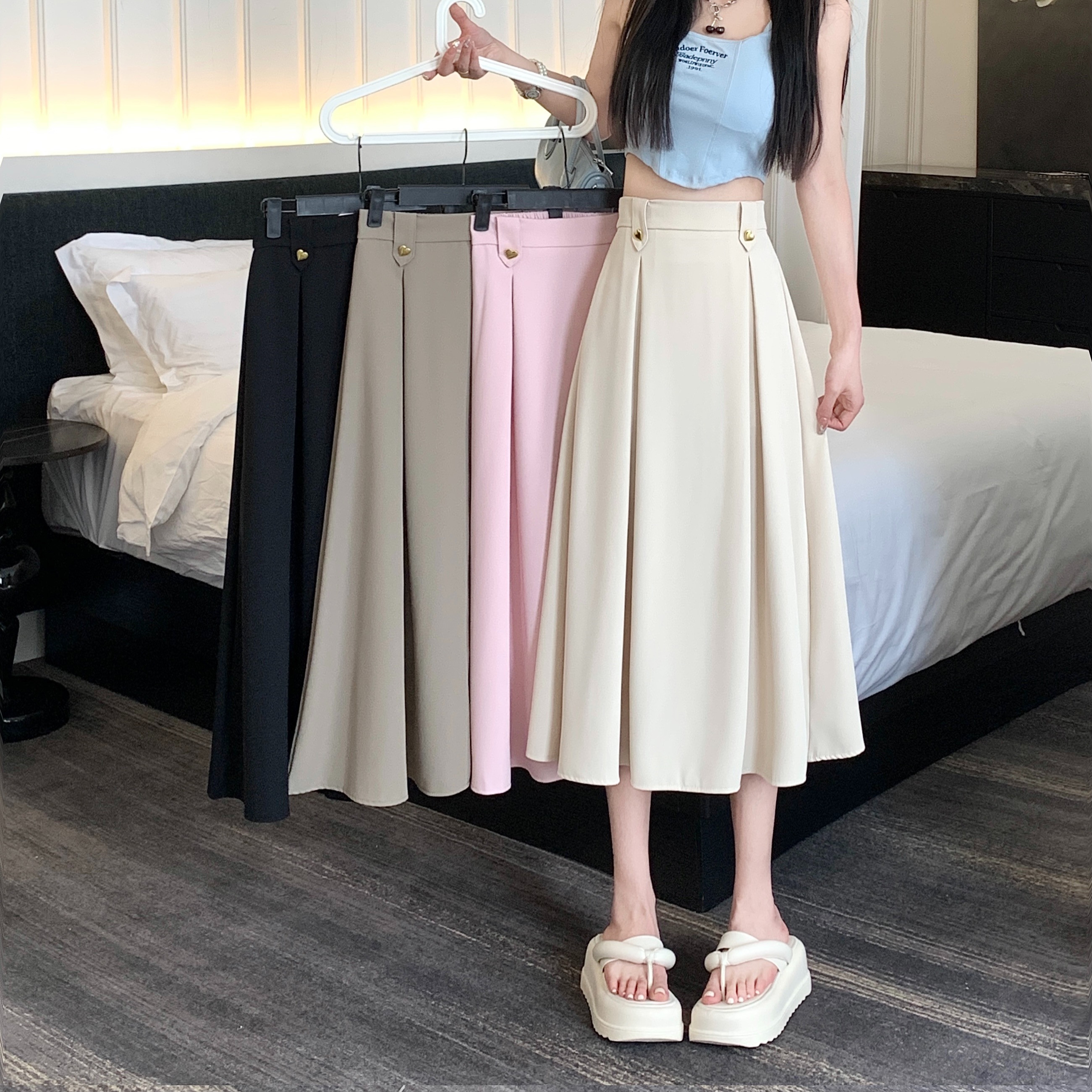高腰黑色西装百褶半身裙子女秋2023新款小个子垂坠感a字遮胯长裙
