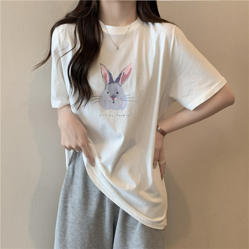 日系甜美兔子印花白色纯棉短袖t恤女宽松夏季薄款学生半袖上衣潮