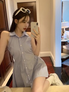 挂脖无袖露肩衬衫短裙气质修身显瘦小个子连衣裙夏季女新款裙子