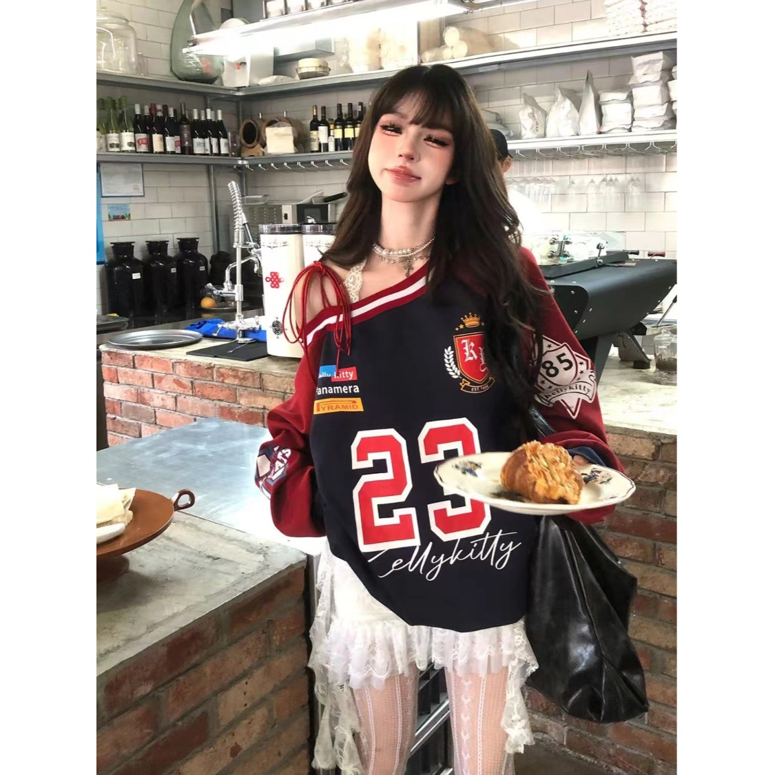 美式宽松斜肩绑带设计感卫衣女初秋新款休闲运动百搭上衣