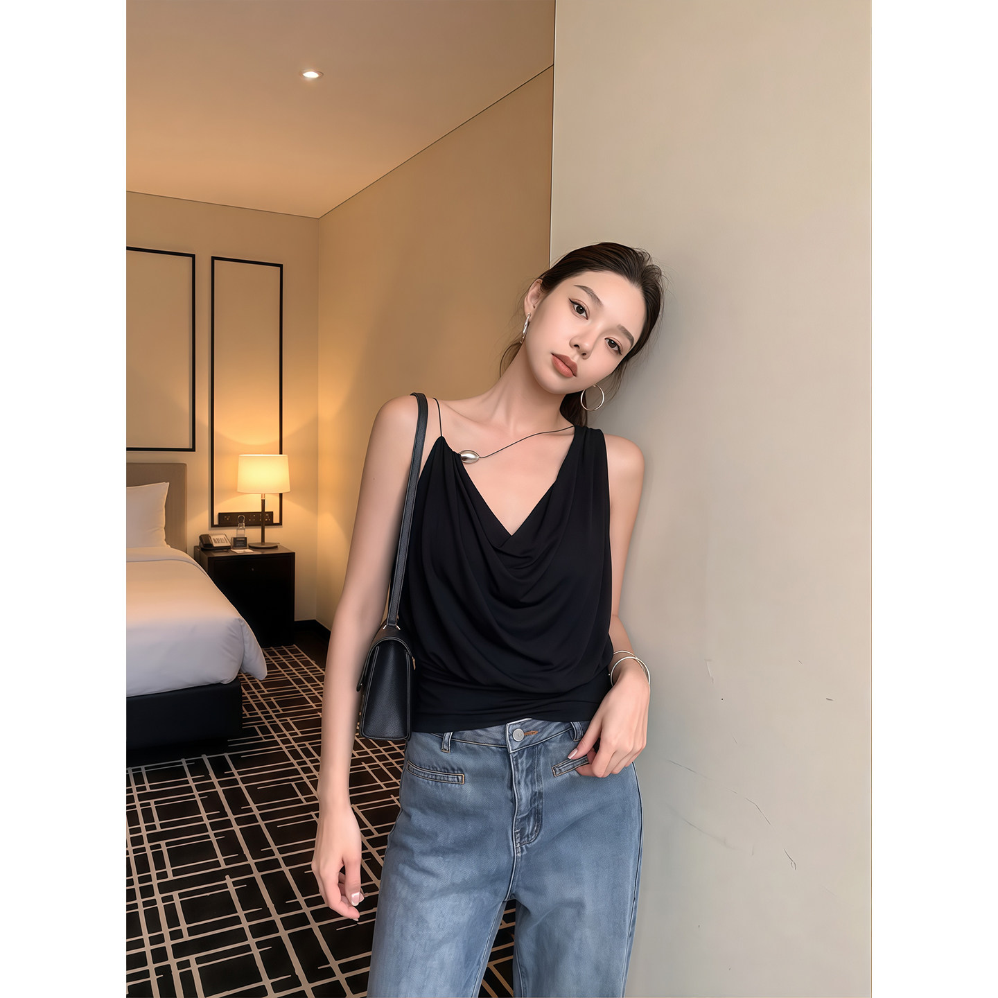 夏季纯欲辣妹荡领修身短款吊带