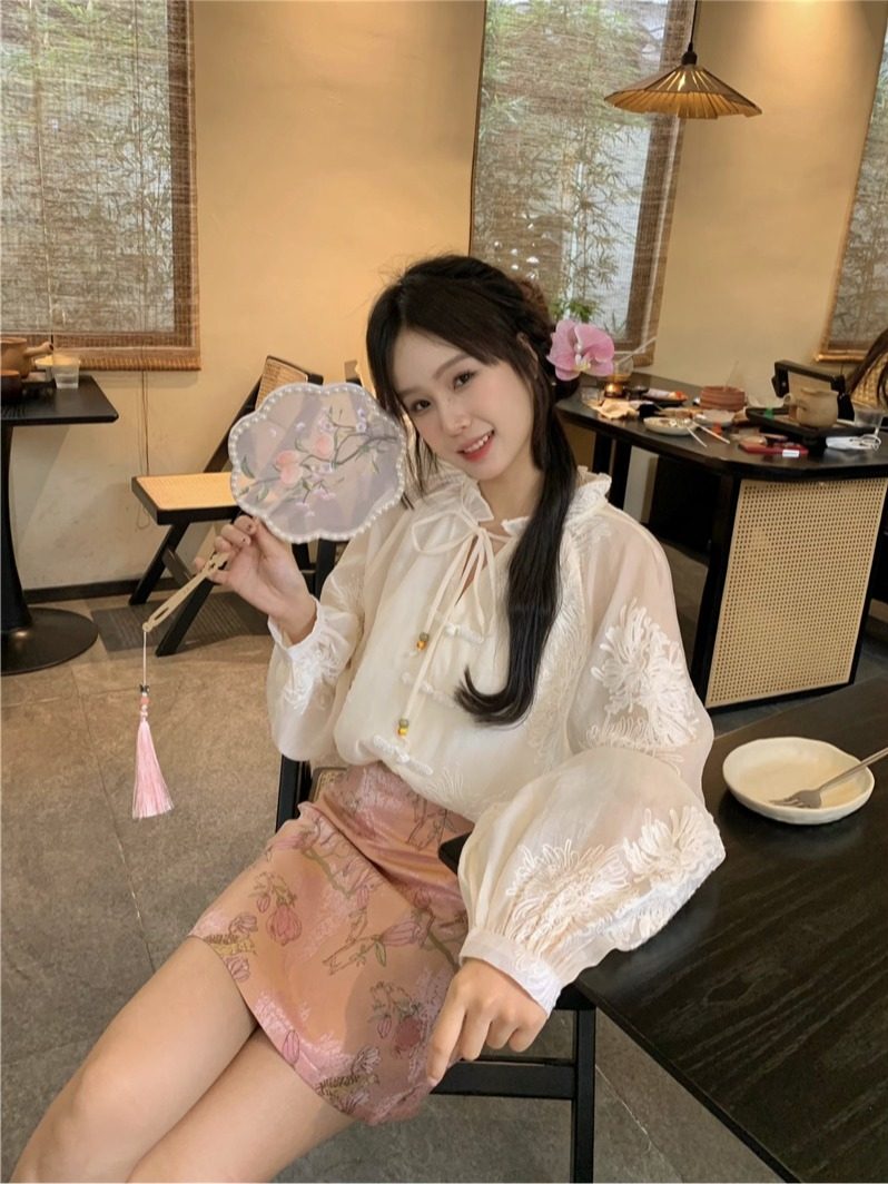 大码新中式国风刺绣衬衫女春装胖mm夏季半身裙两件套宽松显瘦