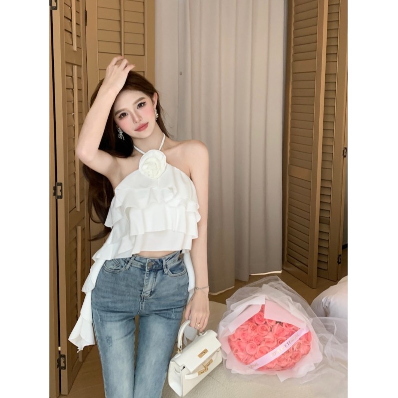 纯欲辣妹挂脖吊带背心女外穿夏季新款设计感气质荷叶边百搭上衣潮