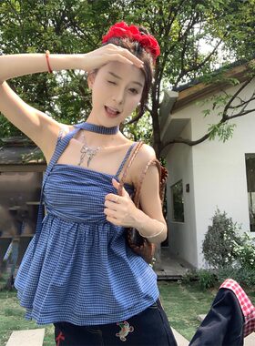 格子褶皱飘带无袖吊带背心女夏季2026新款收腰显瘦外穿露锁骨上衣