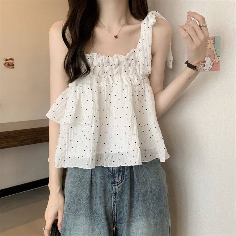 波点木耳边吊带打底无袖背心夏季杏色设计感小众外穿短款抹胸上衣