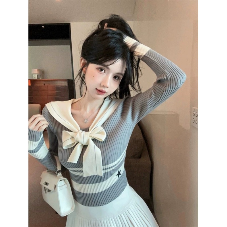 甜妹海军领飘带条纹显瘦针织衫
