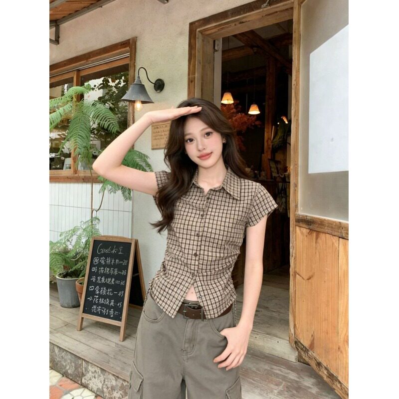 夏季格子POLO领短袖显瘦衬衫女