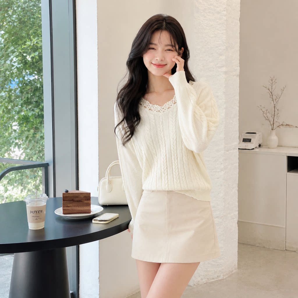 秋冬韩系镂空蕾丝V领麻花毛衣女
