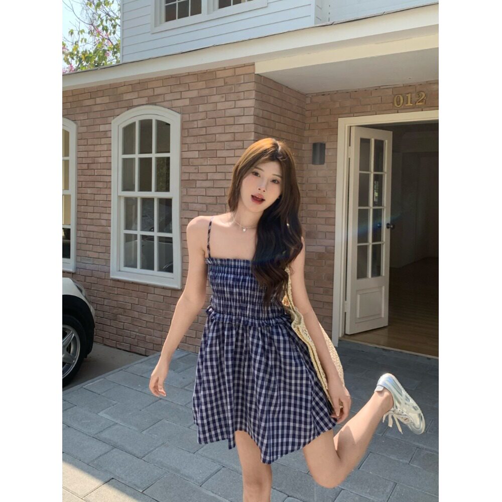 设计感复古蓝色格纹半身裙抹胸连衣裙女夏季新款两穿中长款格裙