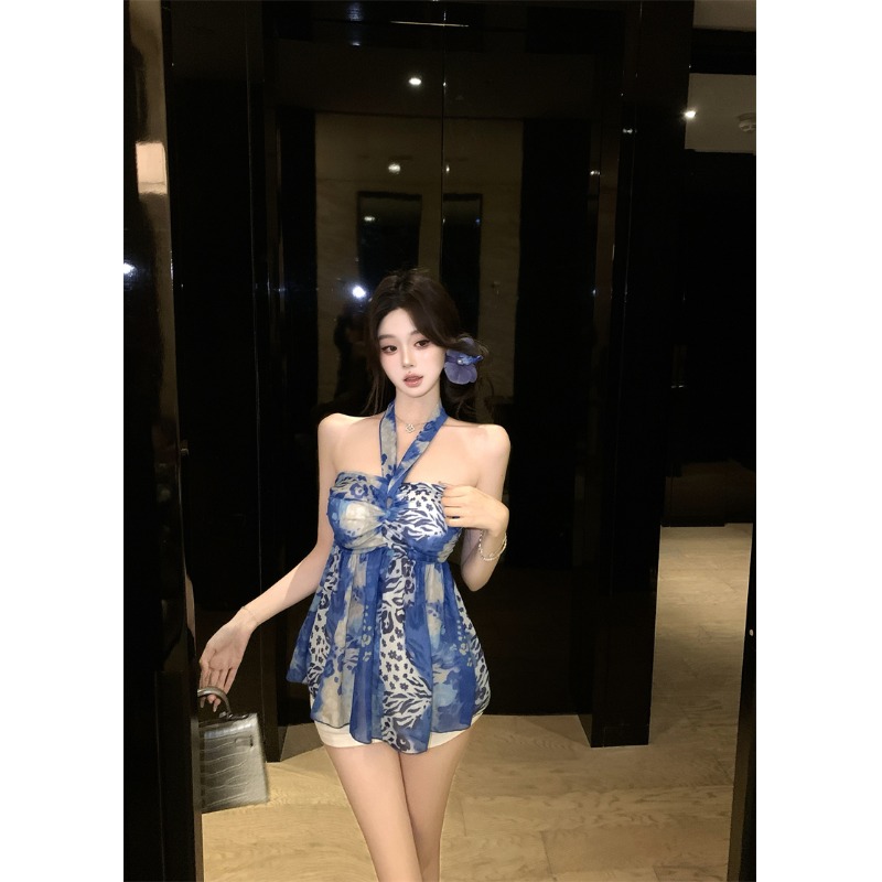 复古扎染印花美背挂脖抹胸背心女夏季无袖外穿设计感修身辣妹上衣