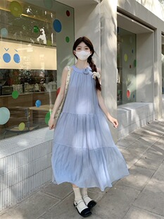 海边度假仙女裙气质显瘦A字长裙 温柔风立体花朵挂脖连衣裙女夏季