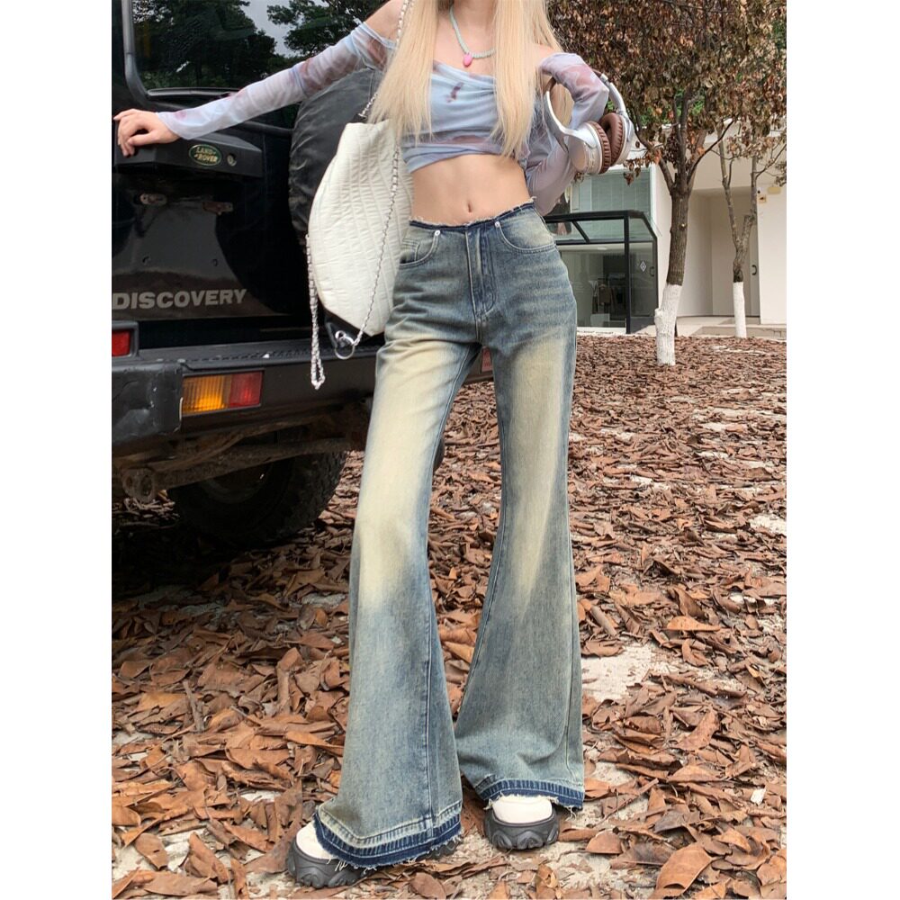 复古美式辣妹低腰毛边微喇叭牛仔裤女2026秋冬新款修身显瘦拖地裤