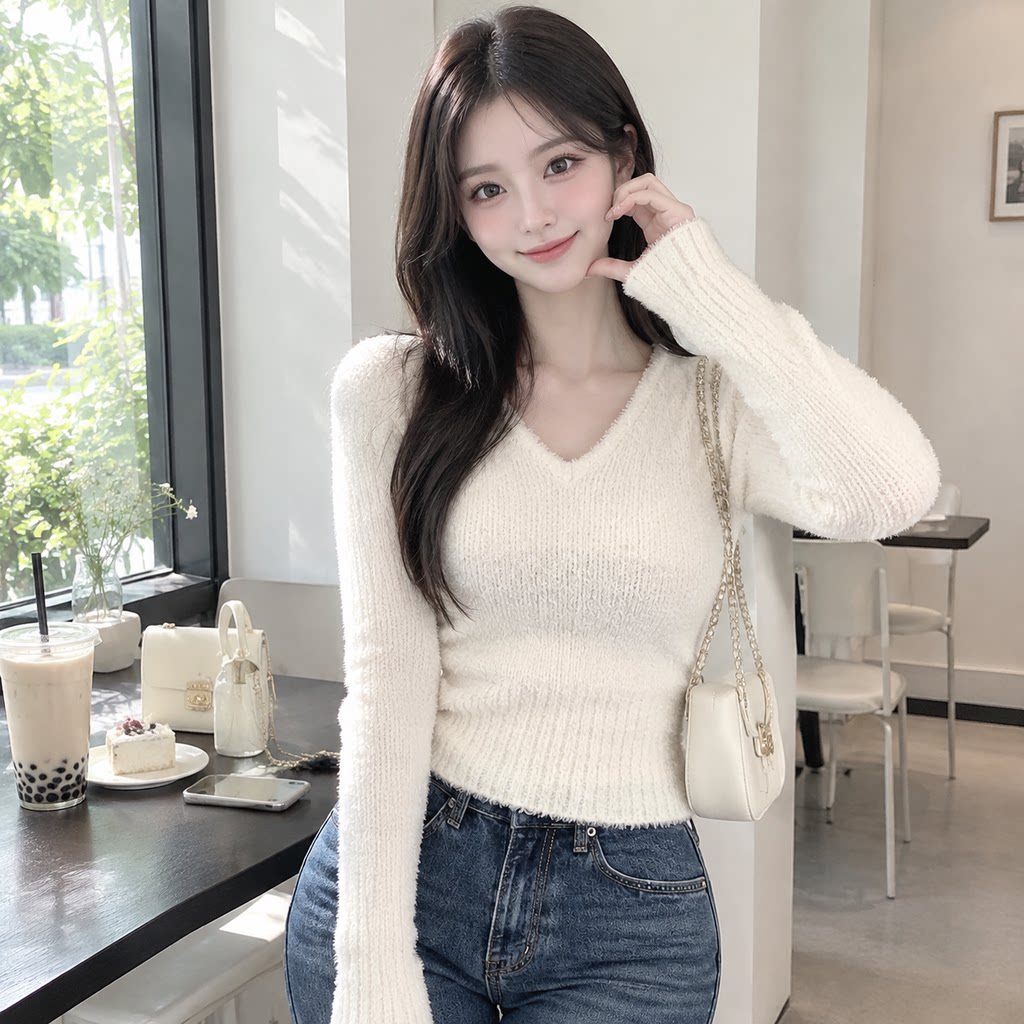 仿貂软糯V领修身加厚打底毛衣女