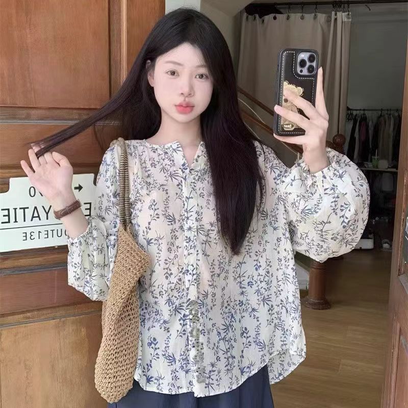 法式复古碎花防晒显瘦女衬衫