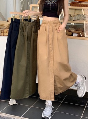 夏季新款设计感A字裙军绿色半身裙高腰宽松工装开叉中长裙松紧腰