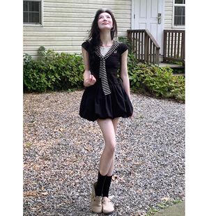 小个子巨好看黑色a字花苞连衣裙子女夏季新款披肩短袖假两件短裙