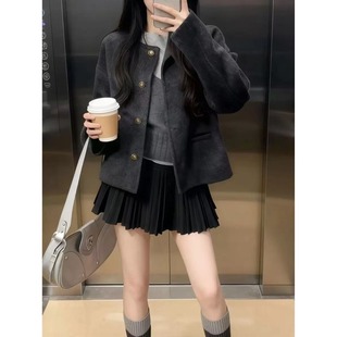 冬季小香风毛呢短款外套韩系气质百搭小个子设计感小众休闲外套