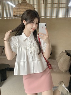 新中式国风盘扣短袖衬衫女夏季新款泡泡袖减龄娃娃衫宽松上衣