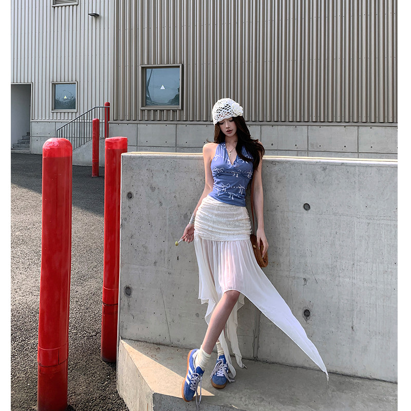 蝴蝶结印花美背挂脖吊带背心女夏季修身无袖外穿辣妹蓝色短款上衣