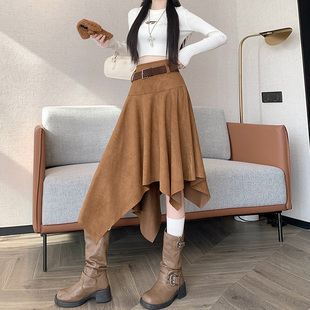 不规则麂皮绒半身裙秋冬季2025新款高腰a字裙中长款复古显瘦伞裙