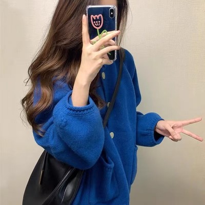 克莱因蓝色毛衣开衫女秋冬季新款