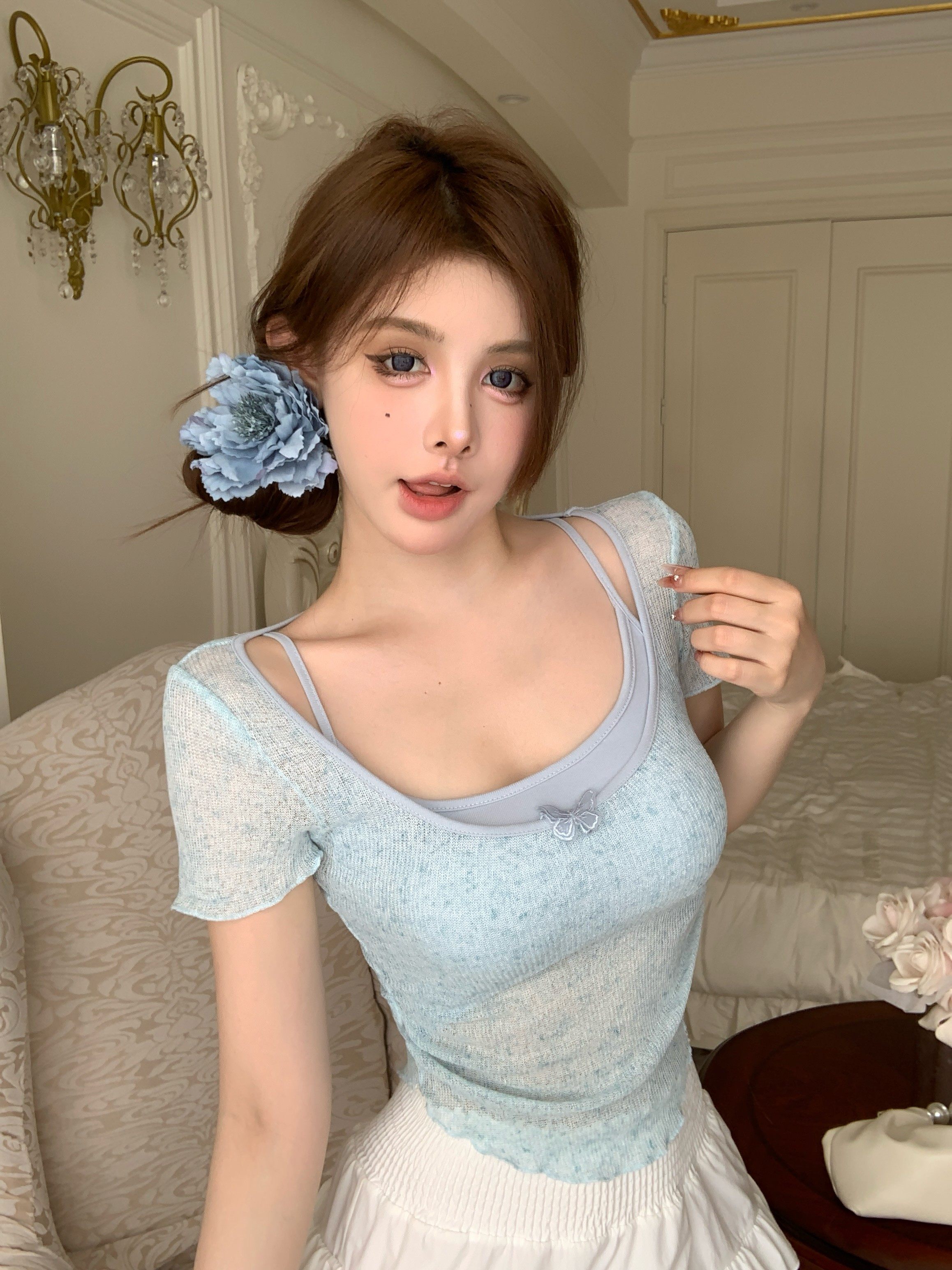 夏叠穿甜辣妹吊带背心紧身短款设计感小众短袖t恤上衣外穿两件套