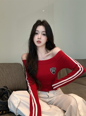 美式2025红色长袖秋季辣妹撞色一字T恤打底修身弹力显瘦上衣印花