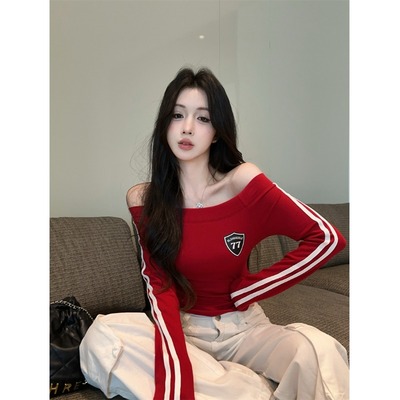 美式2025红色长袖T恤修身弹力