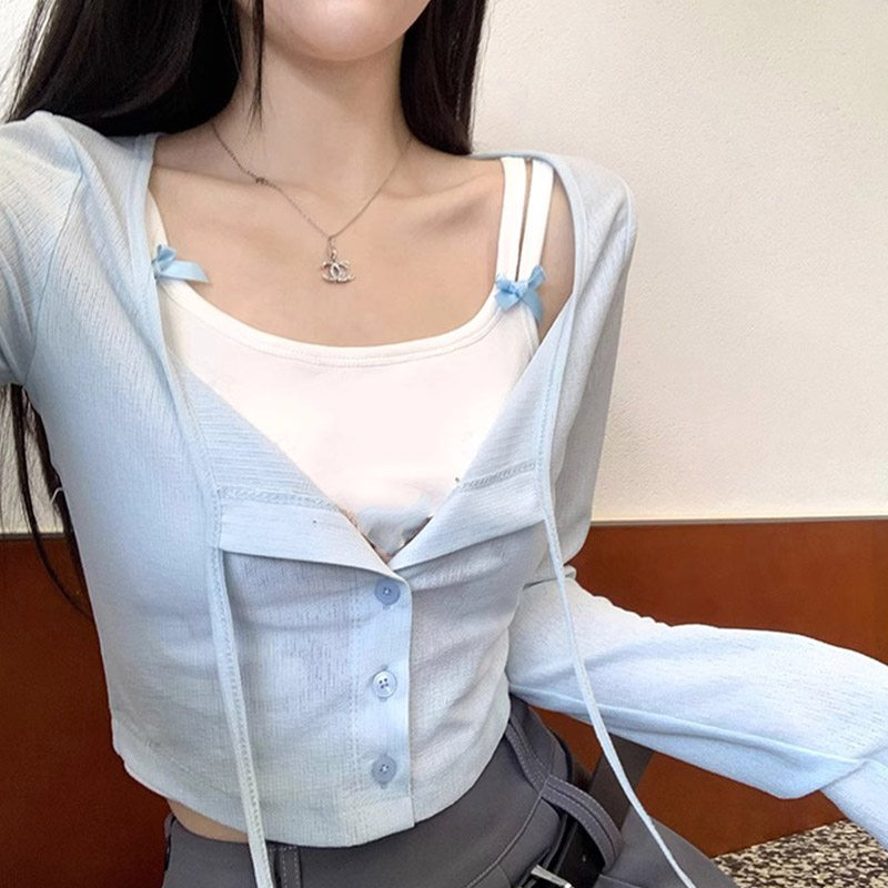高级感叠穿两件套装女夏季ins甜辣风蝴蝶结猫咪吊带背心+绑带开衫