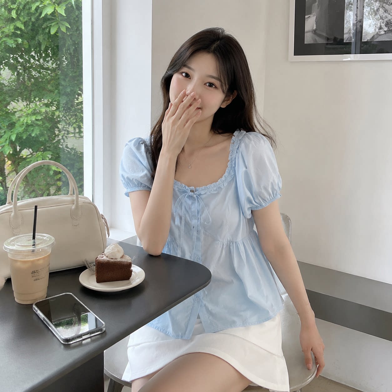 夏日甜美蓝色木耳边显瘦T恤女