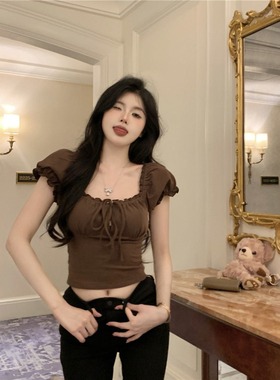 复古辣妹露肩泡泡袖短袖t恤女夏装2024新款修身显瘦性感小众上衣